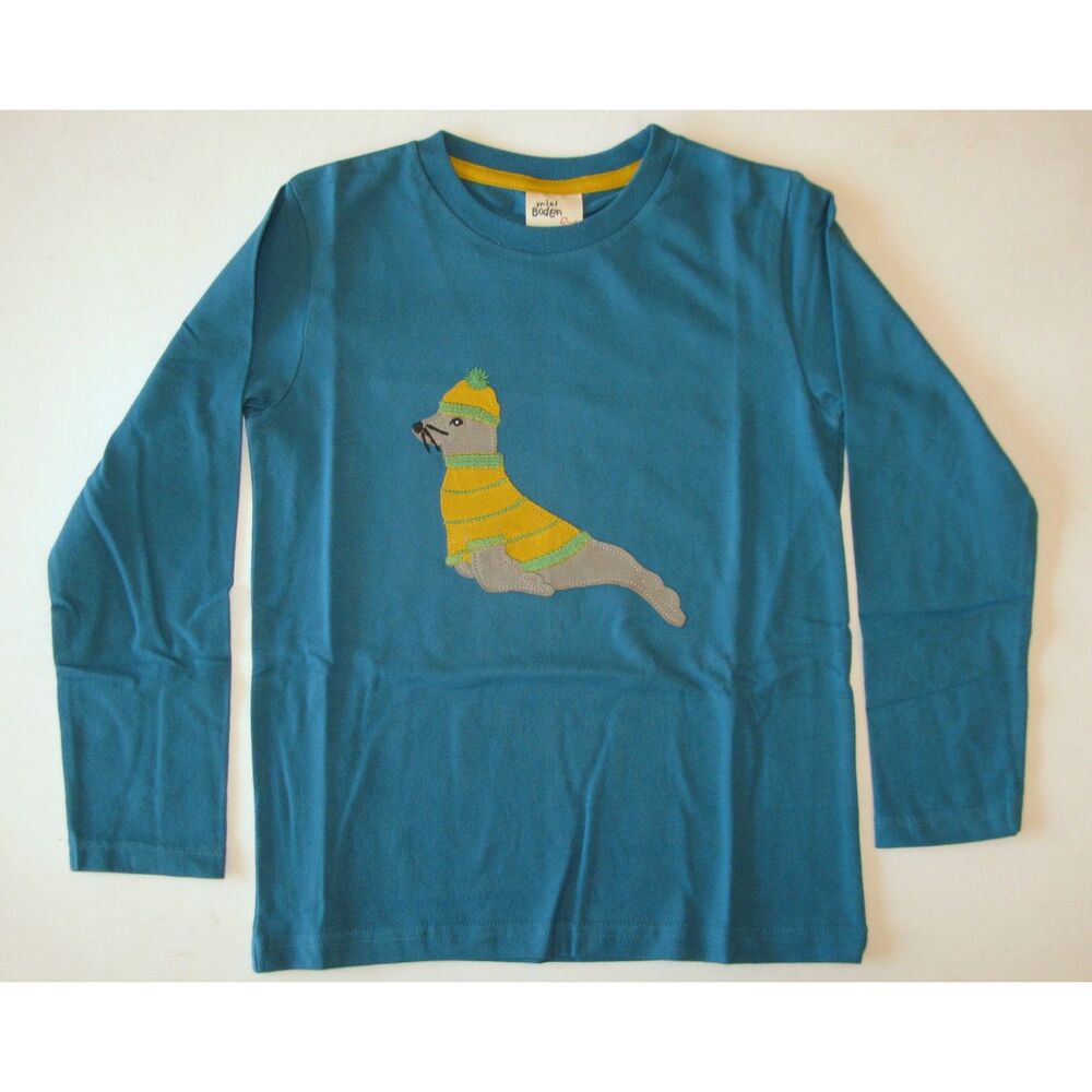 NEW Mini Boden boys top 7 8 tee shirt seal sea lion teal blue applique animal